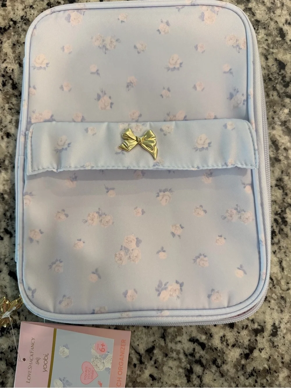 Yoobi Light Blue Floral Tech Organizer with Gold Bow Accent